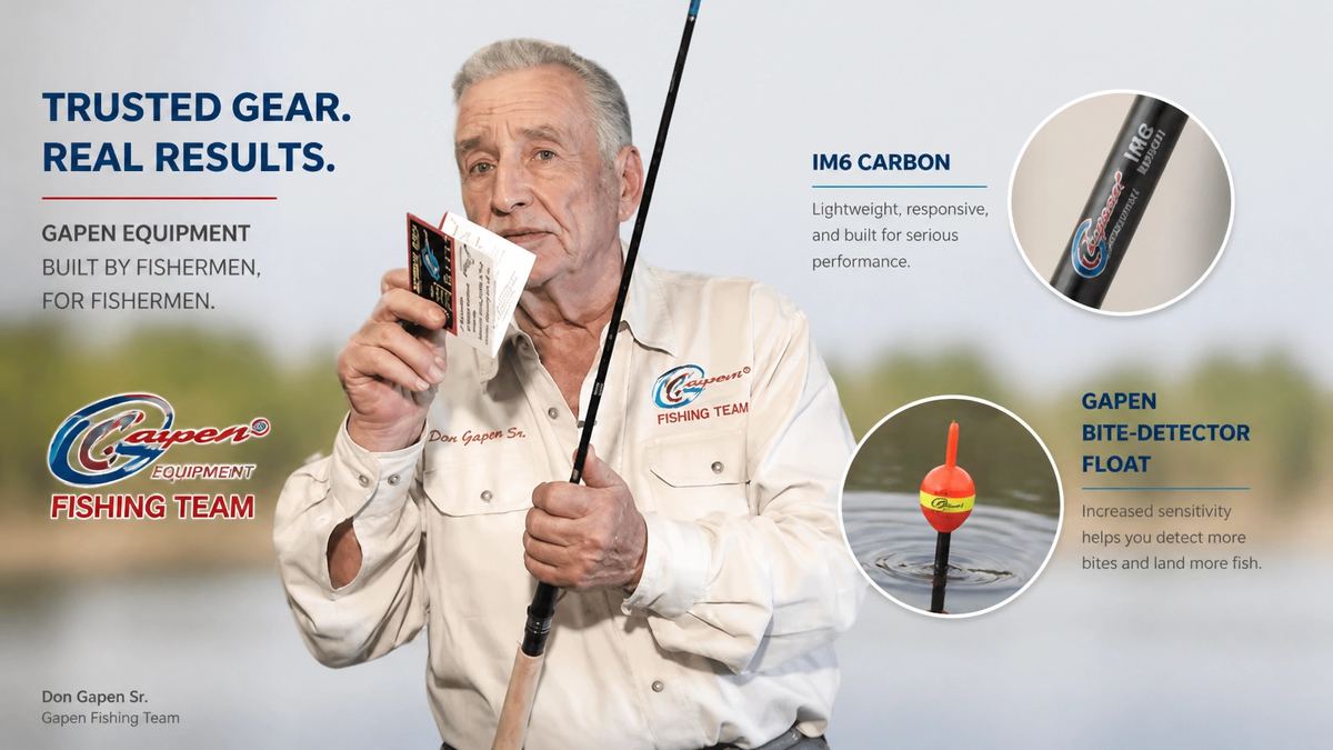 Gapen team member holding rod with IM6 carbon and bite-detector float highlights