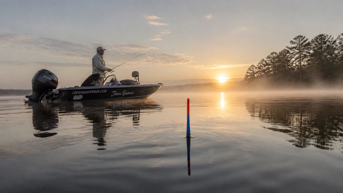 An angler utilizing a balanced Gapen Pencil Float system on a calm lake.