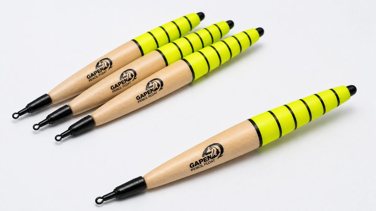 High-quality professional photo of authentic Gapen yellow-and-black striped balsa pencil floats, neatly displayed to emphasize their slender design and balsa wood construction.