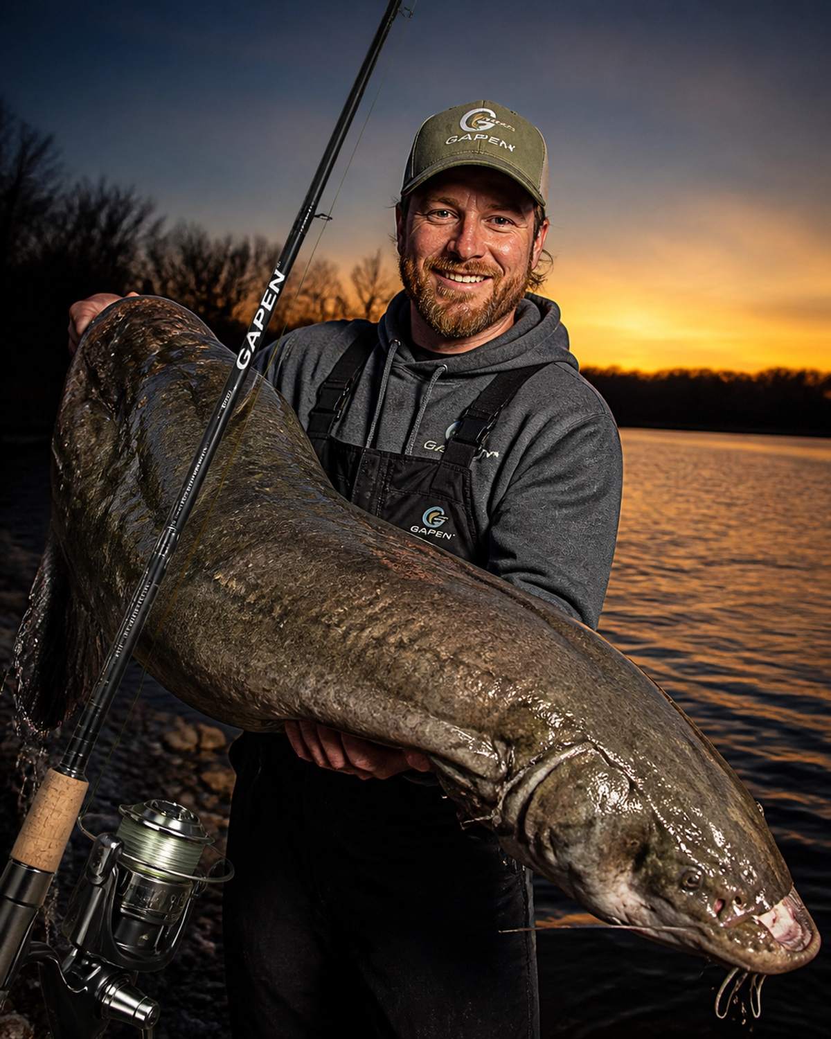 Angler holding a large catfish, demonstrating the scale of fish requiring high-sensitivity Gapen gear