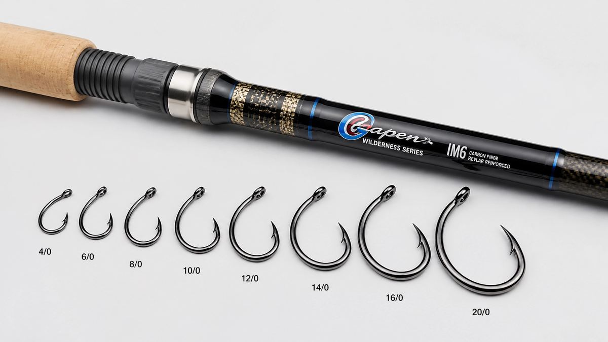 Professional arrangement of catfish hooks next to a Gapen Wilderness fishing rod handle, emphasizing IM6 carbon construction