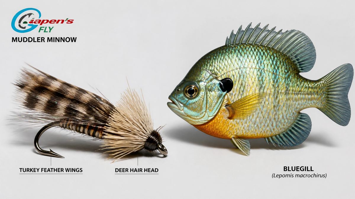 Gapen Muddler Minnow fly and Bluegill specimen illustrated for technical identification.
